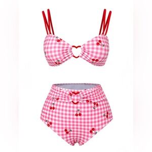 Retro Stage Pink 1950’s Plaid and Cherry 2 Piece Swimsuit.  NWT.  Size 2XL.